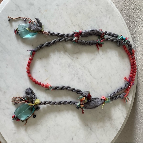 Boho Silk Necklace w/ Semi-Precious Stones & Glass Beads – Tribal Artisan - Picture 2 of 7